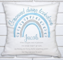 Load image into Gallery viewer, Personalised 'Conceived during lockdown' Cushion, Baby Gift, Birth, Boy or Girl - Christmas Gift - fully customisable