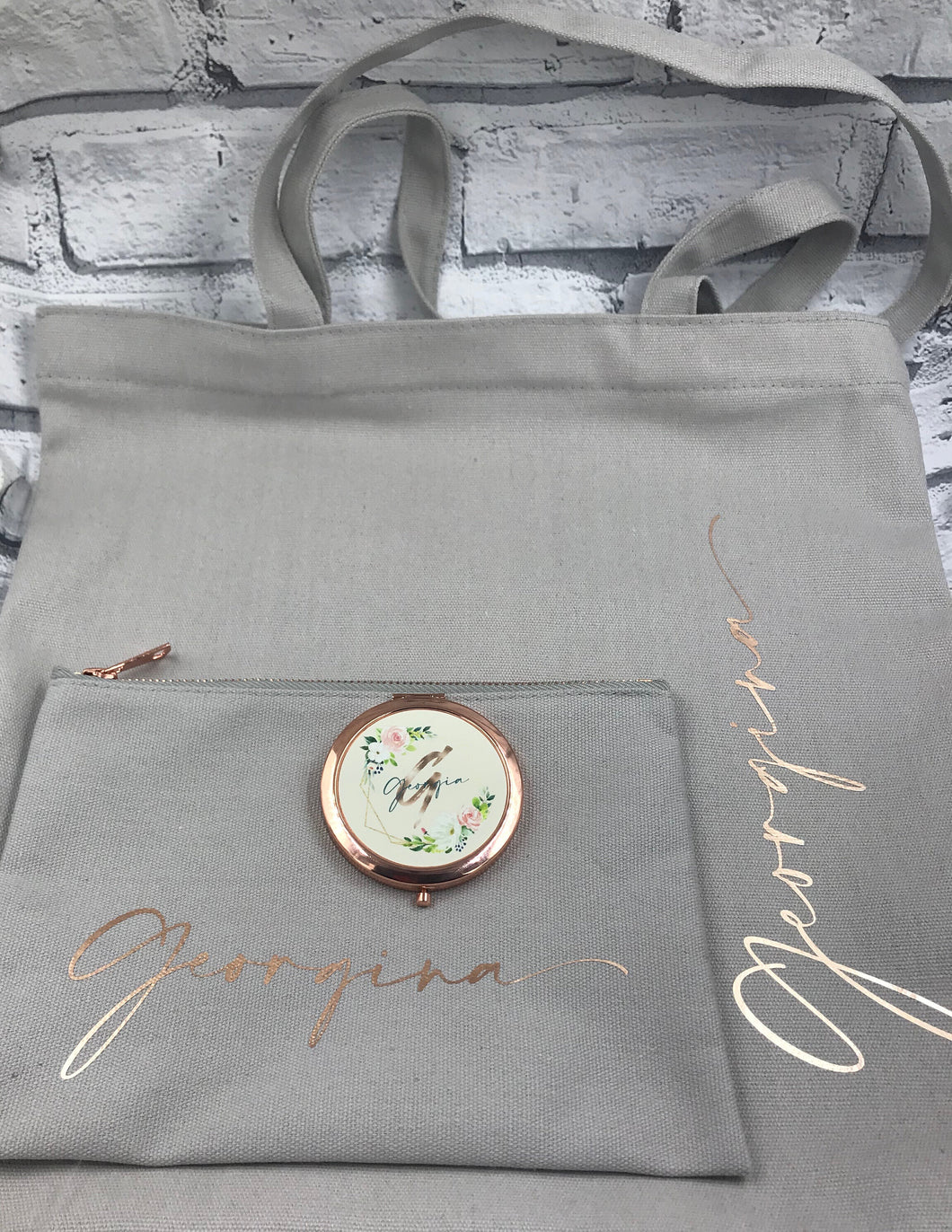 LIMITED EDITION matching personalising zip up tote, make up bags and compact mirror