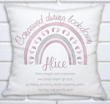 Load image into Gallery viewer, Personalised &#39;Conceived during lockdown&#39; Cushion, Baby Gift, Birth, Boy or Girl - Christmas Gift - fully customisable
